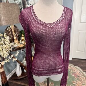 The Limited, crocheted burgundy, long sleeves top. Size S.
